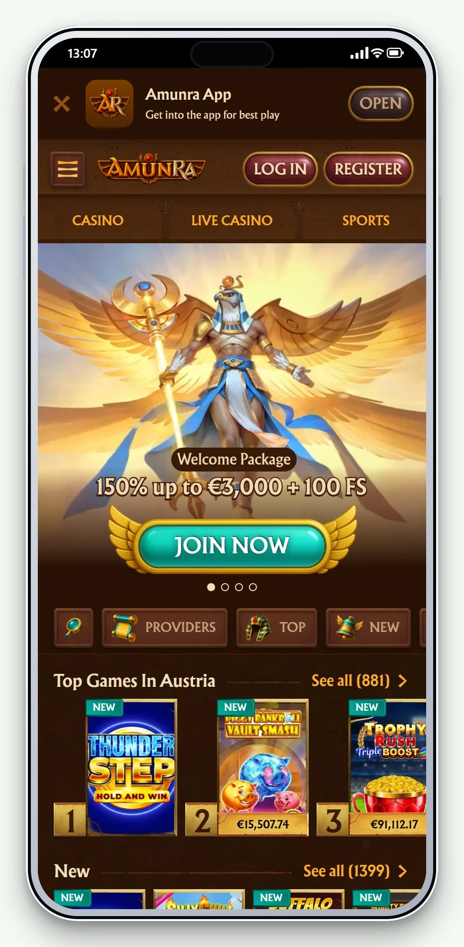 Casino mit Rapid Transfer: AmunRa mobile Lobby