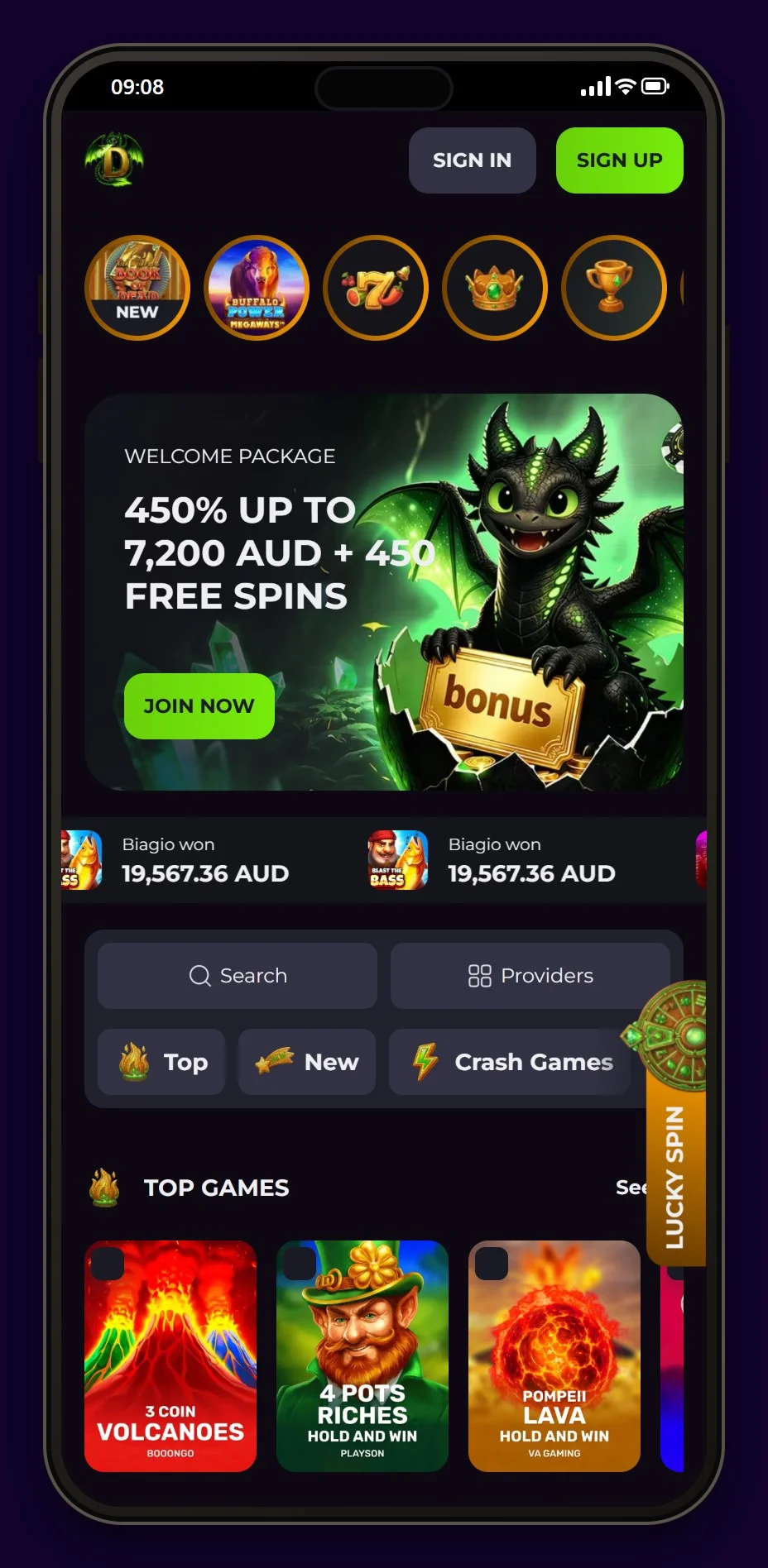 rapid transfer casino: Drakaris lobby on a phone