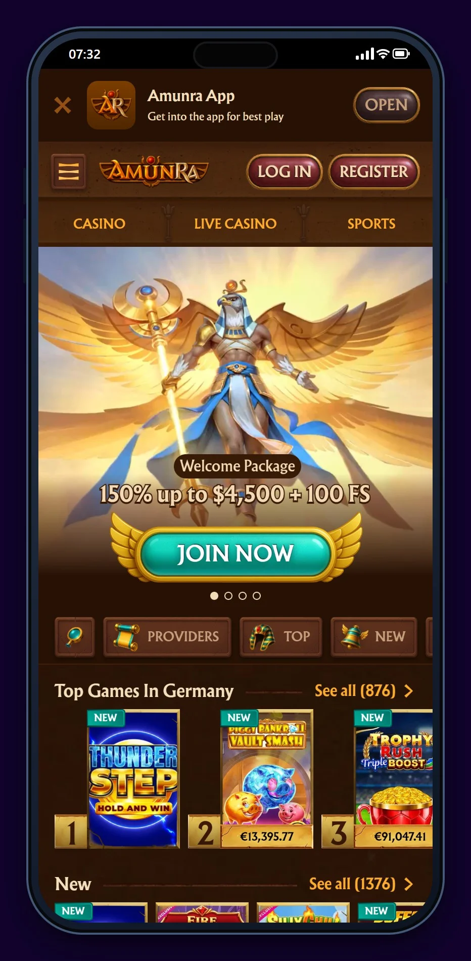 instant bank transfer casino: AmunRa mobile lobby