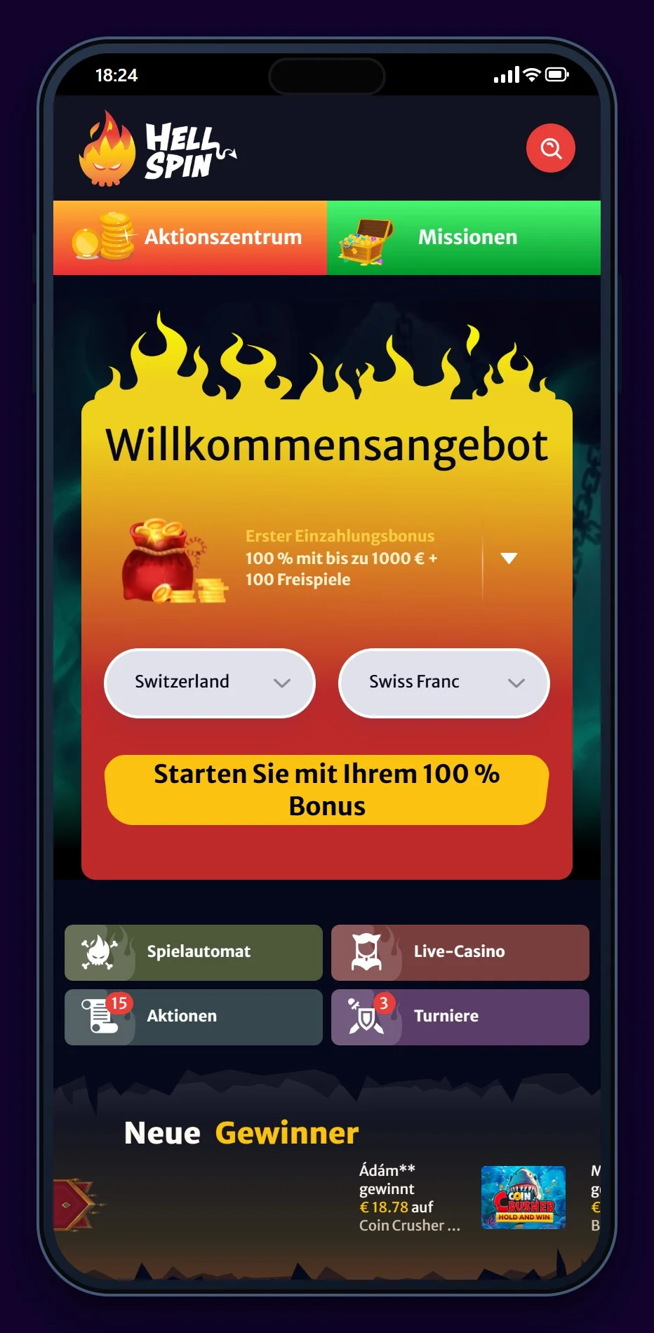 Casino mit Rapid Transfer: HellSpin am Handy