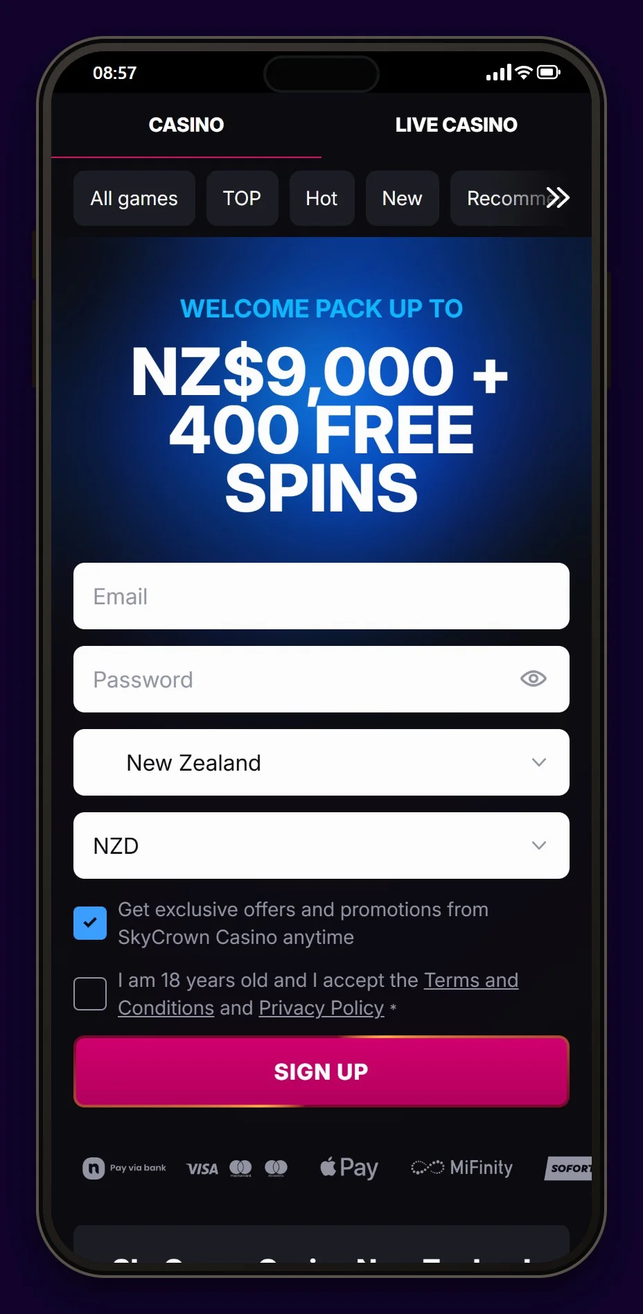 bank transfer casinos nz: SkyCrown lobby on a phone