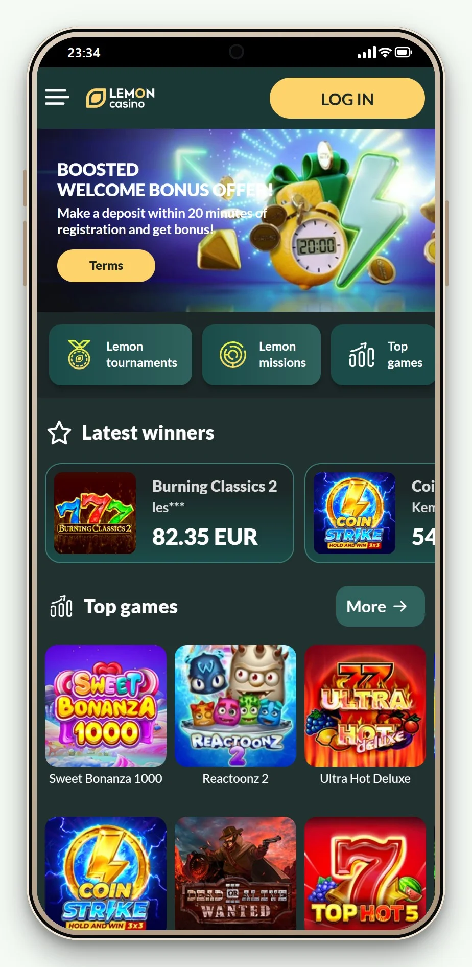 rapid transfer casino: Lemon Casino mobile lobby
