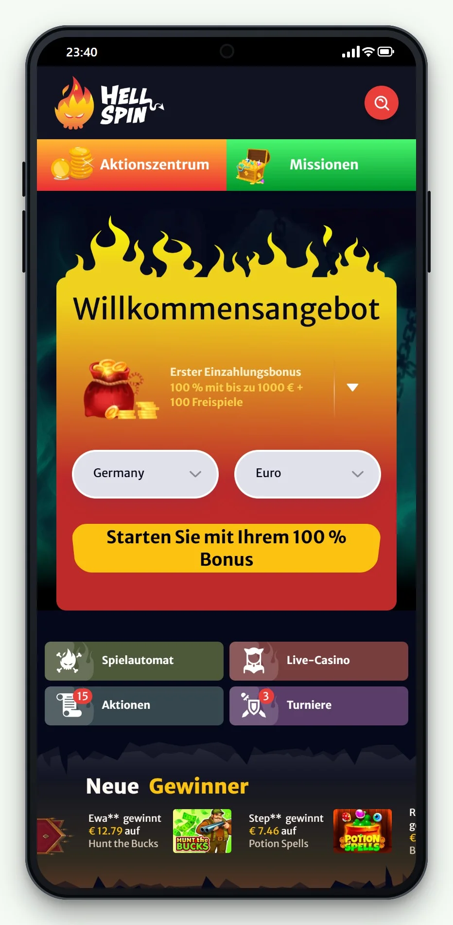 Rapid Transfer Casino: HellSpin mobil, Lobby am Handy